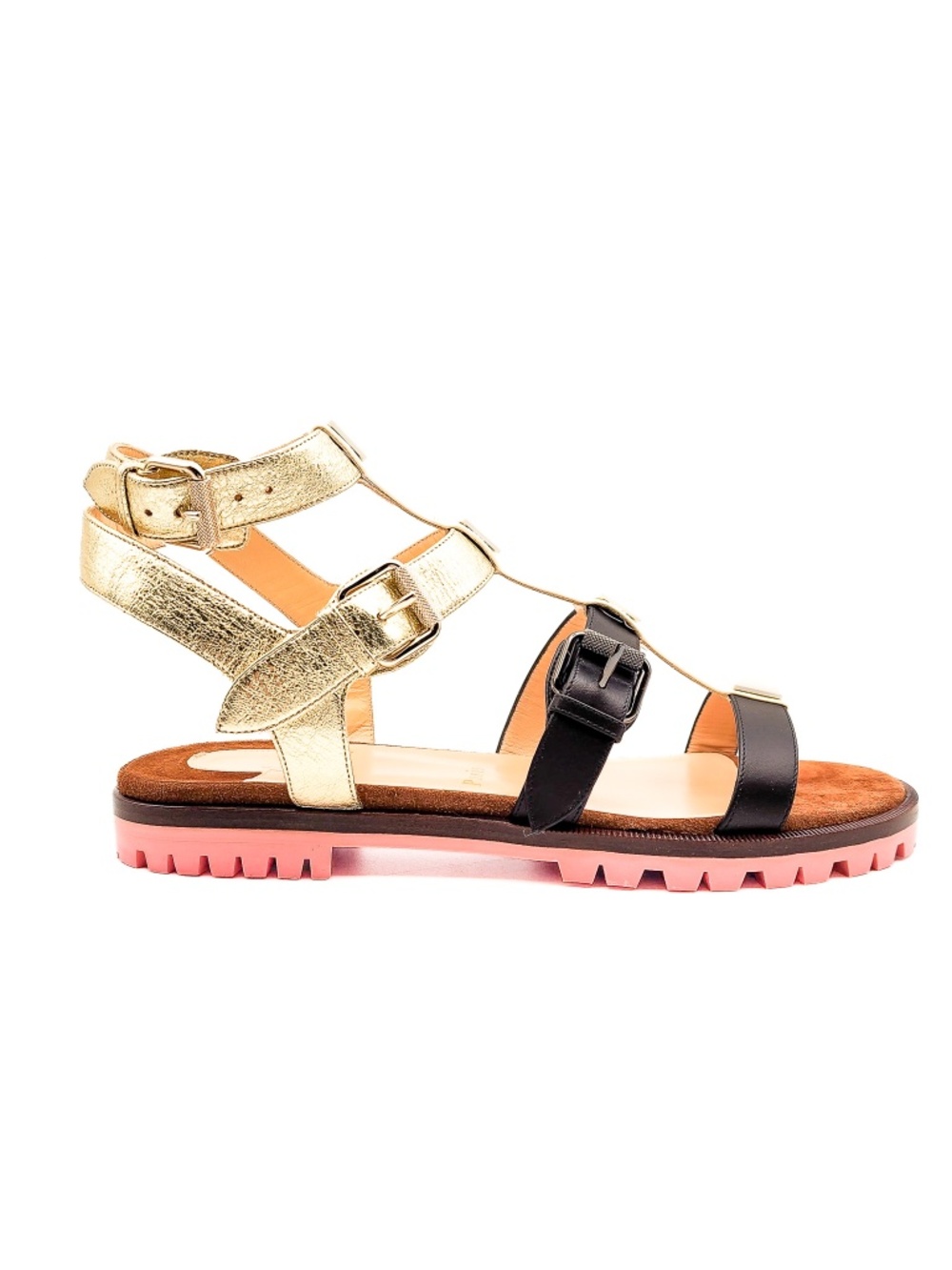 Christian Louboutin Rock N Buckle Gold Black Gladiator Buckle Sandals EU 38